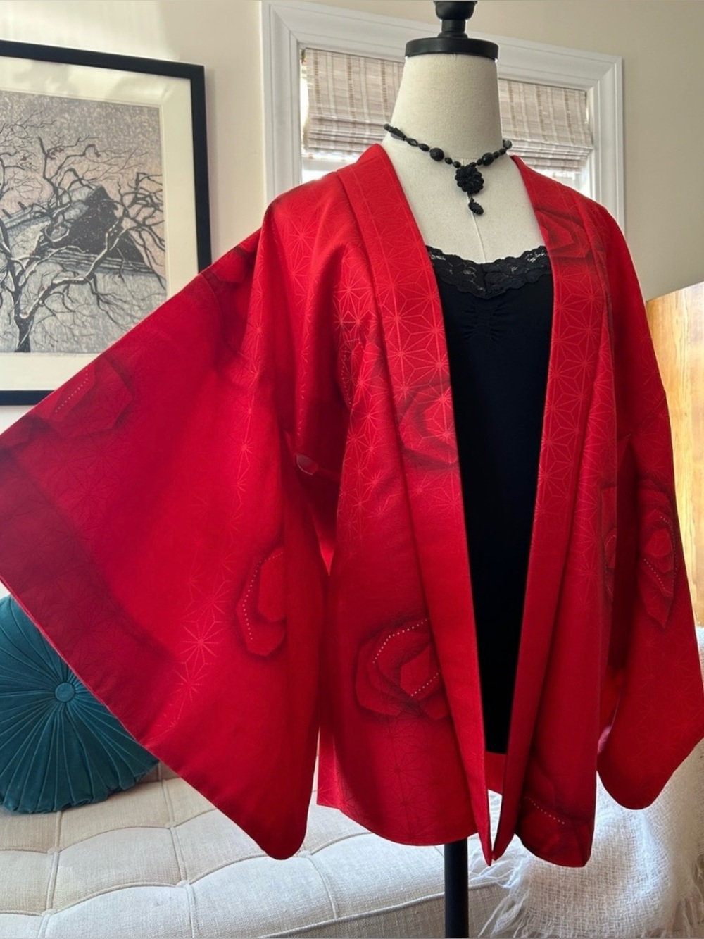 Stunning Red Silk Haori Kimono Jacket, , Vintage - Picture 4 of 10